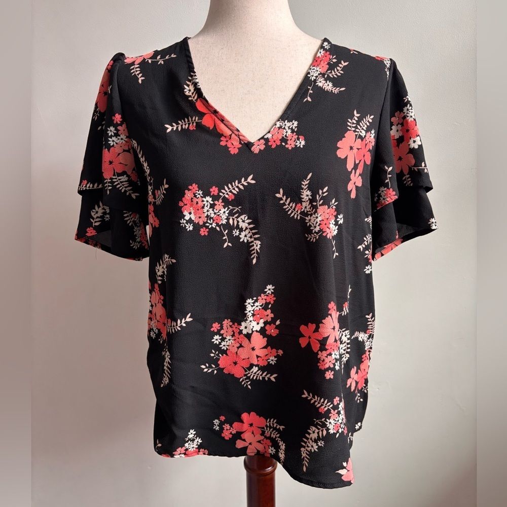 Michael KORS Black and Pink Floral Short Sleeve Blouse